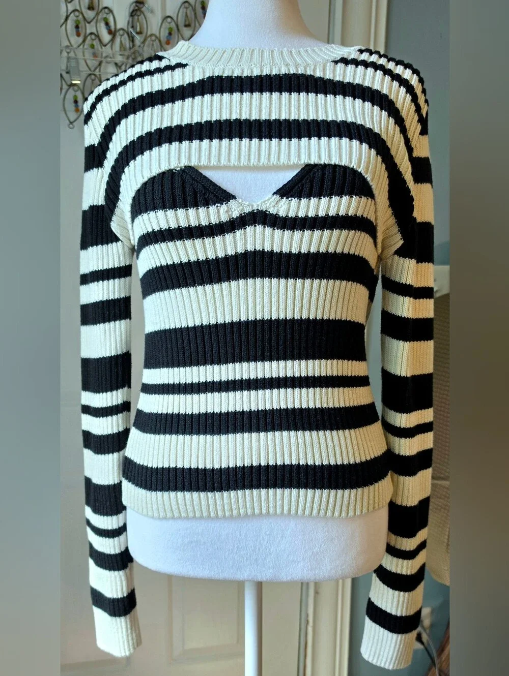 Maeve X Anthro Striped Sweater Shrug Set Womens M Black Cream Ribbed Cotton Blen